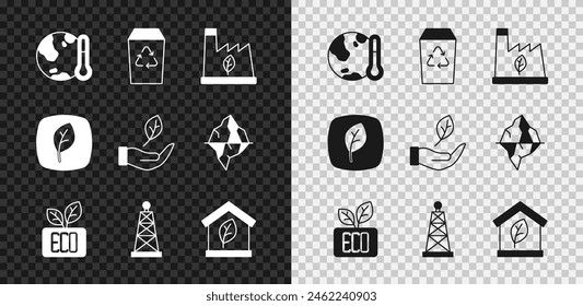 Set Earth melting to global warming, Recycle bin, Plant recycling garbage, Leaf Eco symbol, Oil rig, friendly house,  and hand icon. Vector