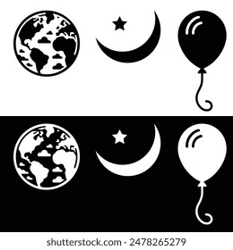 Set of Earth Moon and Balloon icons