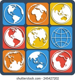 Set of earth planet globe icons for web and app. Vector.