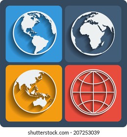 Set of earth planet globe web and mobile icons. Vector.