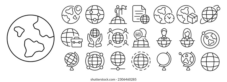 Set of Earth planet icons. Illustrations depicting Earth in various styles, perspectives, and color schemes, representing global concepts, environmental awareness.