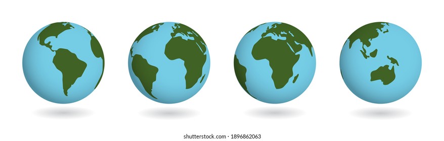 Set of earth planet. Vector atlas countries on sphere. America continent on 3d globe map isolated on white. 