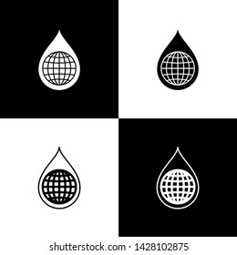 Set Earth planet in water drop icon isolated icons isolated on black and white background. World globe and water drop. Saving water and world environmental protection. Vector Illustration
