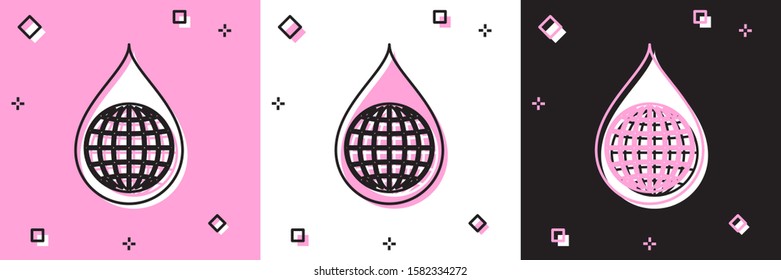 Set Earth planet in water drop icon isolated on pink and white, black background. World globe and water drop. Saving water and world environmental protection.  Vector Illustration