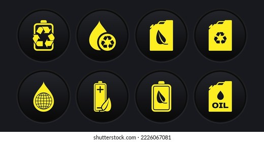 Set Earth planet in water drop, Eco fuel canister, nature leaf and battery, Bio, Recycle clean aqua, Canister machine oil and Battery with recycle icon. Vector