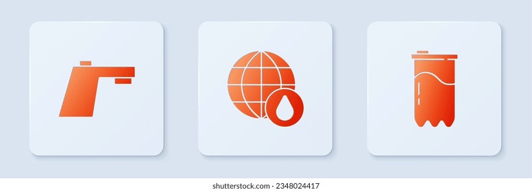 Set Earth planet in water drop, Water tap and filter cartridge. White square button. Vector