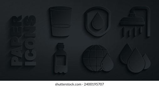 Poner el planeta Tierra en gota de agua, Cabeza de ducha, Botella de agua, Agua, impermeable y Vidrio con icono. Vector