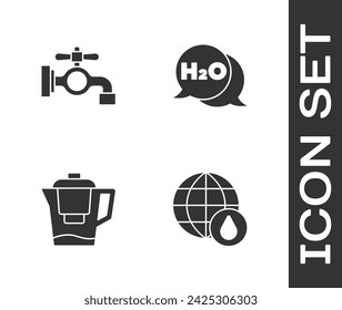 Set Earth planet in water drop, Water tap, jug with filter and Chemical formula for H2O icon. Vector