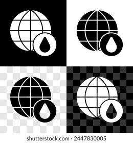 Set Earth planet in water drop icon isolated on black and white, transparent background. World globe. Saving water and world environmental protection.  Vector