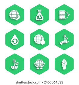 Set Earth planet in water drop, Hands holding globe, Light bulb with leaf, Plant hand, plant, Recycle clean aqua, Eco fuel barrel and  icon. Vector