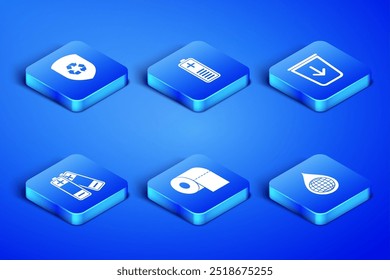 Set Earth planet in water drop, Recycle inside shield, Toilet paper roll, Battery, charge level indicator and Send the trash icon. Vector