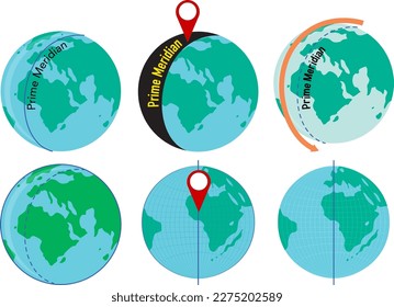 Set of earth with prime meridian line illustration