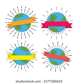 Set of Earth with Ribbon Label, Badge and Banner. Concept Sunburst Earth for Web, Print, T-Shirt. Logo, Icon and Background for Poster, Gift Card. Cartoon Vector Illustration.