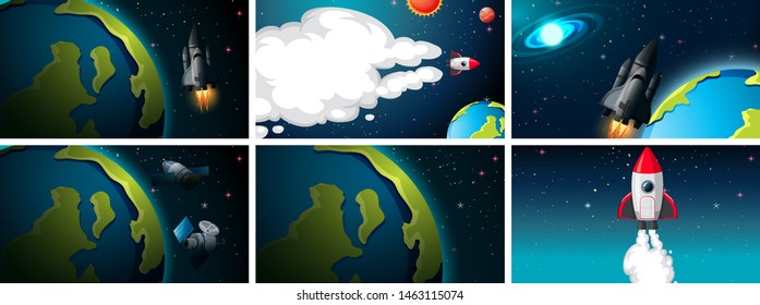 Set of earth and rocket scenes illustration