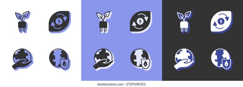 Set Earth with shield, Electric saving plug in leaf, Hand holding globe and Water energy icon. Vector
