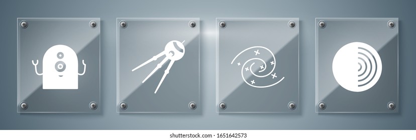 Establecer la estructura de la Tierra, agujero negro, satélite y extranjero. Paneles de vidrio cuadrado. Vector