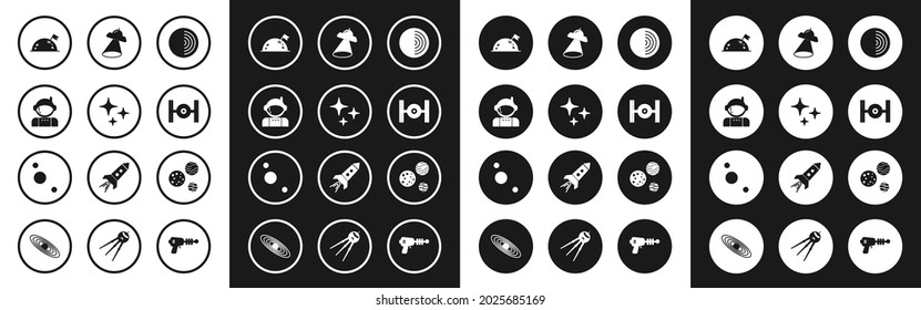 Set Earth structure, Falling star, Astronaut, Planet with flag, Cosmic ship, UFO flying spaceship,  and Solar system icon. Vector