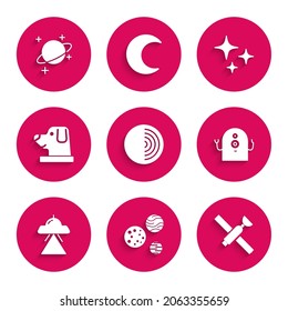 Die Erde-Struktur, Planet, Satellite, Alien, UFO fliegendes Raumschiff, Hunde-Astronautenhelm, Falling Stern und Ikone. Vektorgrafik