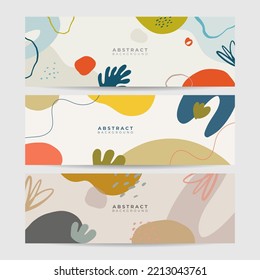 Set of earth tone colorful minimal organic floral leaves hand drawn abstract banner background in boho style.