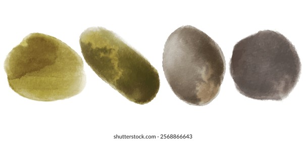 Set of earth  tone watercolor hand painted round shapes, stains, circles, blobs isolated on white. Elements for artistic design