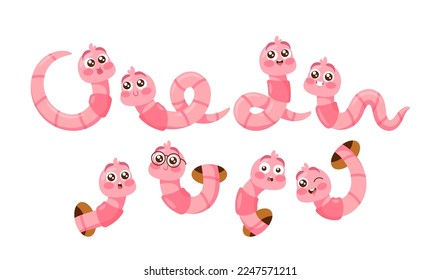 Set of Earth Worm Cartoon Character, Cute and Funny Soil Earthworm Personages in Glasses, Crawling, Stick Out of Hole, Compost Insects of Pink Colors Isolated on White Background. Vector Illustration