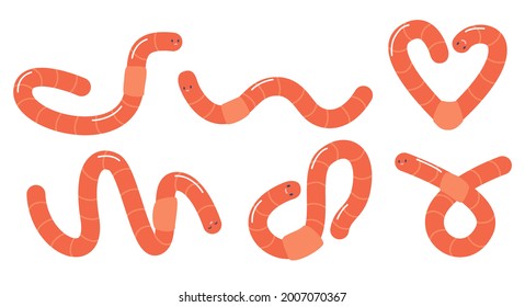 Set of Earth Worms, Soil Earthworms, Compost Insects of Pink or red Color. Nature, Wildlife Creature, Garden Invertebrate Worms Elements Isolated on White Background. Cartoon Vector Illustration