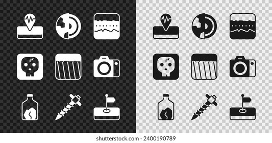 Set Earthquake, core structure crust, Soil ground layers, Ore mining, Construction jackhammer, Flag, Archeology and Ground icon. Vector