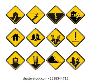 Conjunto de coleção de sinais de terremoto, sinal de terremoto de informação amarelo na parede, Adequado para cartazes e ícones da web, sinais de aviso de terremoto de desastre natural, cuidado, perigo, símbolo de perigo.