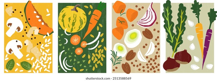 Un conjunto de verduras e ingredientes terrosos para 4 platos de otoño e invierno. Dibujado a mano, Vectores.