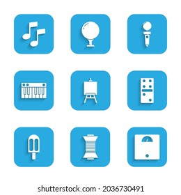 Set Easel or painting art boards, Sewing thread on spool, Bathroom scales, Domino, Ice cream, Music synthesizer, Joystick for arcade machine and note, tone icon. Vector