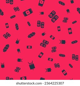 Set Easel or painting art boards, Online play video, Sewing thread on spool and Gamepad on seamless pattern. Vector