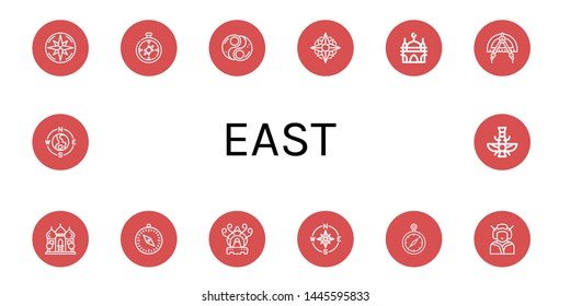 Set of east icons such as Compass, Yin yang, Mosque, Incense burner, Geisha, Faravahar , east