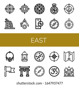 Set of east icons. Such as Compass, Burj al arab, Windrose, Amulet, Flag, Lantern, Shinto, Om, Mosque , east icons