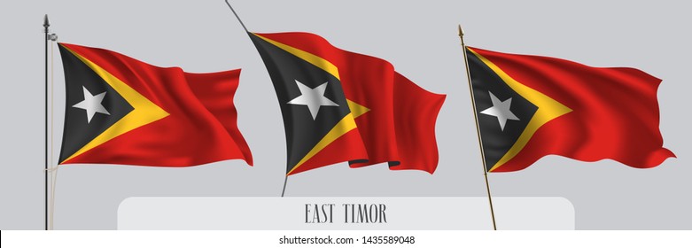 Set of East Timor waving flag on isolated background vector illustration. 3 red and star wavy realistic flag as a patriotic symbol