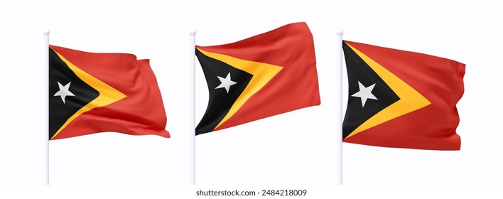 Set of East Timor waving flag on flagpole. Realistic 3d design flag flies on the wind on isolated white background. vector illustration