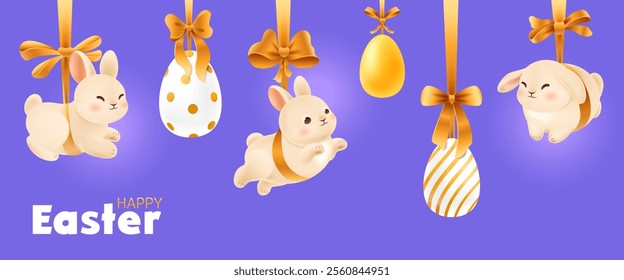 Set of Easter 3d bunny and eggs suspended from a gold ribbon with bows. Realistic rabbit and decorative eggs. Happy Easter day design. Holiday banner and cover for web ads. Vector illustration