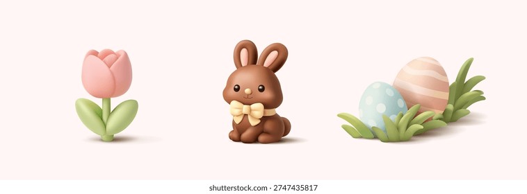Set of Easter 3D icons. Chocolate bunny with bow, tulip, Easter eggs in the grass. Vector illustration.