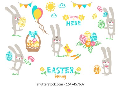 Set of easter animals. Cute bunnies, chicken, basket, eggs, flowers, balloons, sun, elements. Rabbits collection. Cartoon vector illustration on white background isolated. Spring is here text