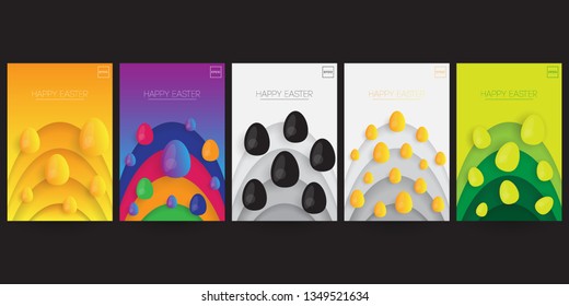 Set of Easter background template with colorful glossy eggs illustration in flat paper art style
