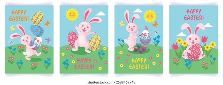 A set of Easter backgrounds with cute happy pink bunnies and painted eggs. Children's card with a funny joyful rabbit playing with eggs. Poster, flyer, banner, invitation