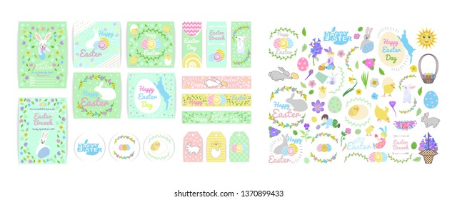 set of easter banner, greeting cards and label templates with set with bunny, little yellow chickens in different poses, easter eggs, boy and girl, basket, lettering and branch with leaves and flowers