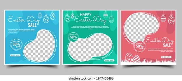 Set of Easter banner template. Easter day sale social media banner design. Blue. green, and red background. Suitable for social media, cards, banners, and website. Vector design with a photo collage