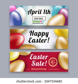 Set of Easter banners. Pink yellow white Easter eggs on the red, white, yellow backgrounds. Eater sale Three banners.