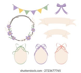 Conjunto de Anuncios de Pascua, cintas y marco decorativo en colores pastel. Ilustración plana con arco, corona y cinta aislados sobre fondo blanco. Para diseños de Pascua y primavera, tarjetas, embalaje, marca