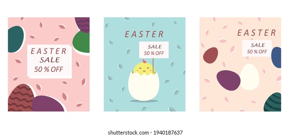 Juego de banners de Pascua, plantillas, tarjetas de felicitación, invitaciones, carteles, ventas, portadas. Diseño de tipografía de moda. Ilustración del vector