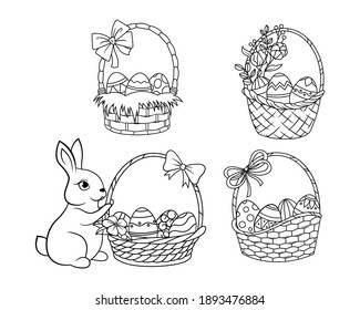 Set of Easter baskets with eggs. Collection of wicker baskets with a cute rabbit. Happy Easter. Vector illustration for holiday cards. Drawing for children.