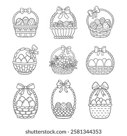 Set of Easter baskets with eggs and flowers. Isolated on white background. Hand drawn.