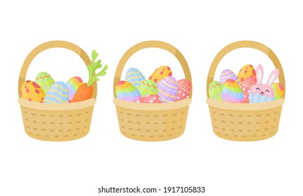 Set of Easter baskets with eggs. Illustrations of basket with different colorful eggs. 