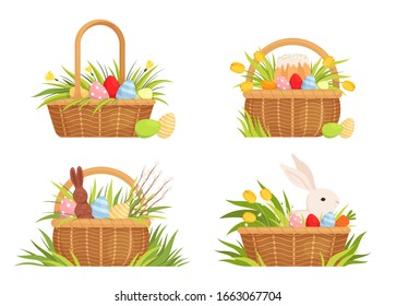 Set of easter baskets for the holiday. Baskets with colored eggs, tulips, Easter cake and rabbit. Set for spring design