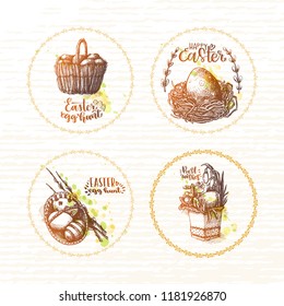 Set of easter beautiful hand drawing illustrations in the frames with holiday wishes. basket with Easter eggs, nest with egg. watercolor splash